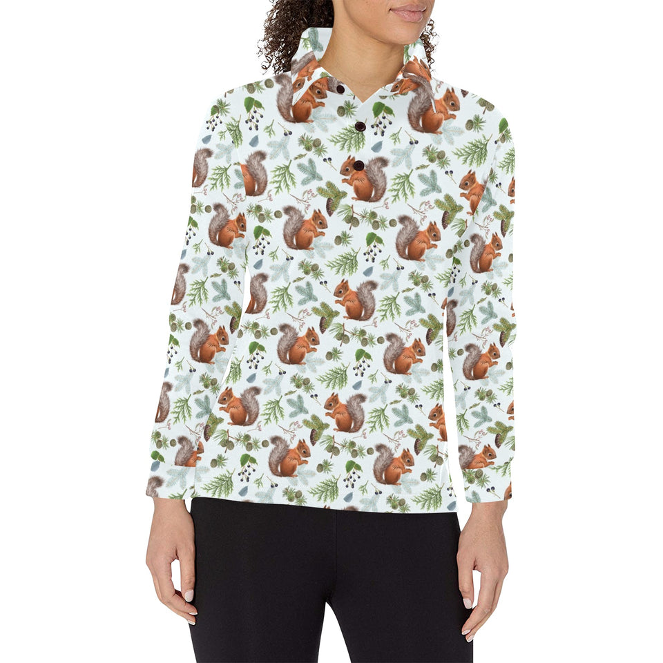 Squirrel Pattern Print Design 02 Women's Long Sleeve Polo Shirt