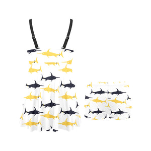 Swordfish Pattern Print Design 05 Chest Sexy Pleated Two Piece Swim Dress