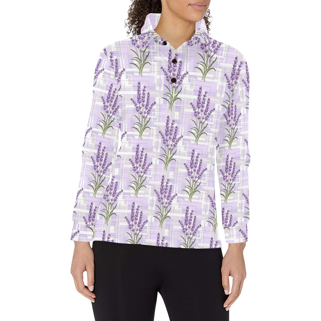 Lavender Pattern Theme Women's Long Sleeve Polo Shirt