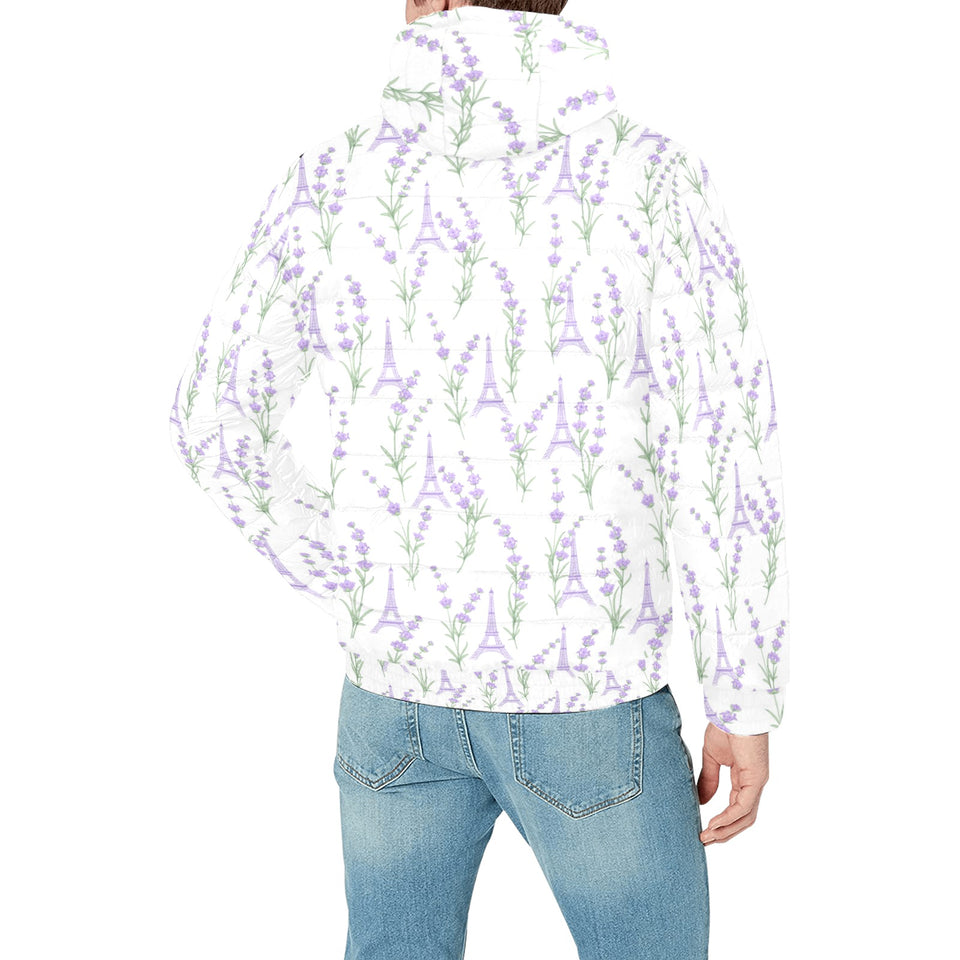 Eiffel Tower Lavender Pattern Print Design 01 Men's Padded Hooded Jacket(ModelH42)