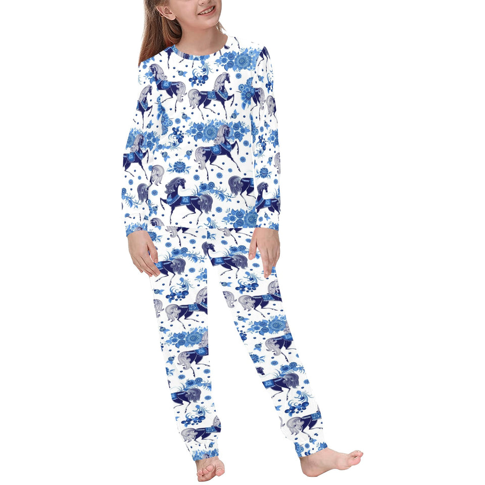 Horse Flower Blue Theme Pattern Kids' Boys' Girls' All Over Print Pajama Set