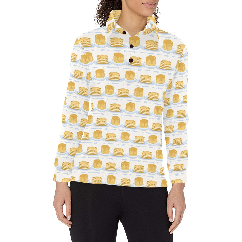 Pancake Pattern Print Design 01 Women's Long Sleeve Polo Shirt