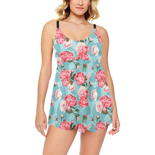 Rose Pattern Print Design 03 Chest Sexy Pleated Two Piece Swim Dress