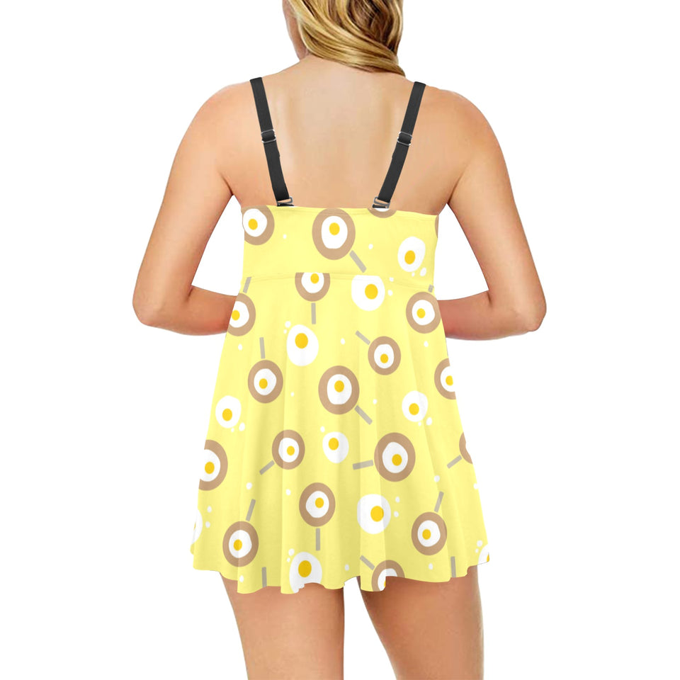 Fried Eggs Pattern Print Design 03 Chest Sexy Pleated Two Piece Swim Dress