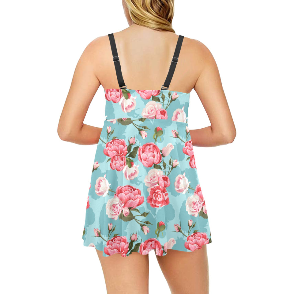 Rose Pattern Print Design 03 Chest Sexy Pleated Two Piece Swim Dress