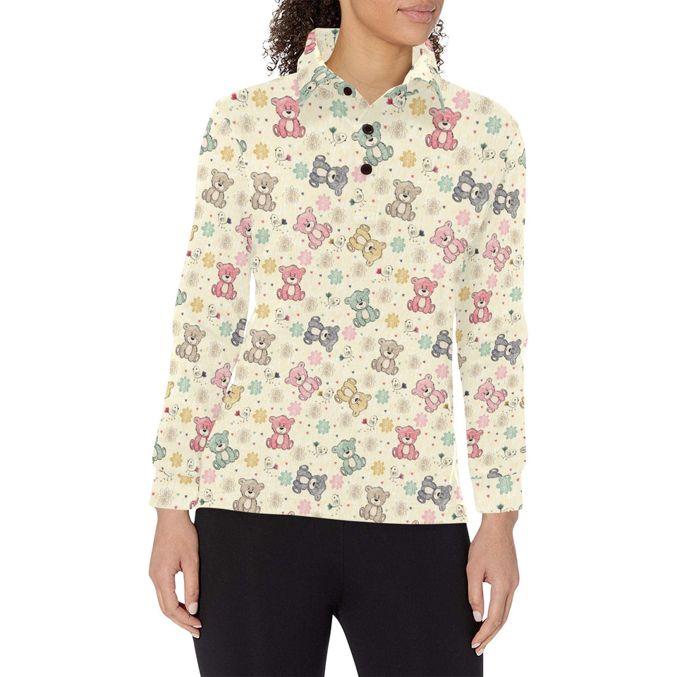 Teddy Bear Pattern Print Design 05 Women's Long Sleeve Polo Shirt