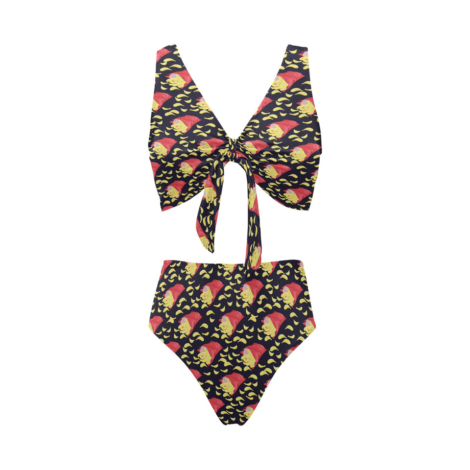 Potato Chips Pattern Print Design 05 Chest Bowknot High Waisted Bikini Swimsuit