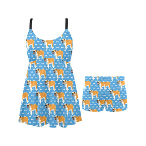 English Bulldog Pattern Print Design 04 Chest Sexy Pleated Two Piece Swim Dress