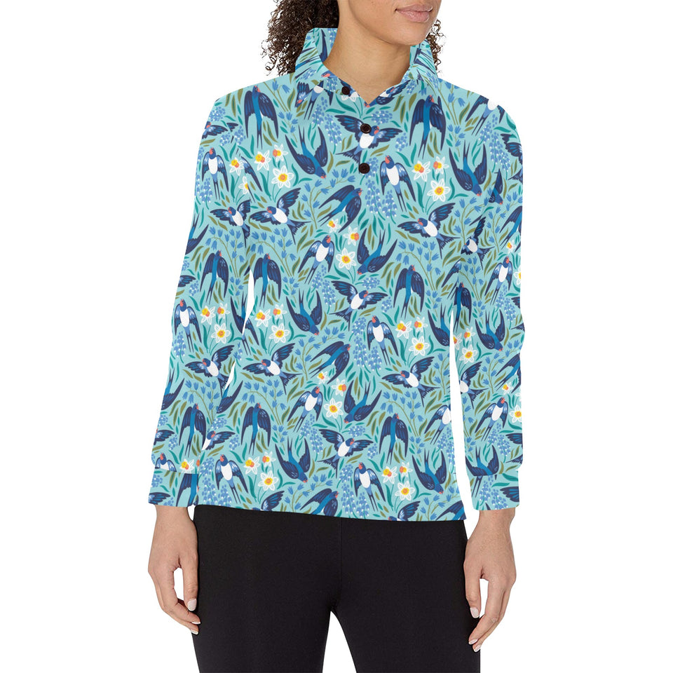 Swallow Pattern Print Design 05 Women's Long Sleeve Polo Shirt