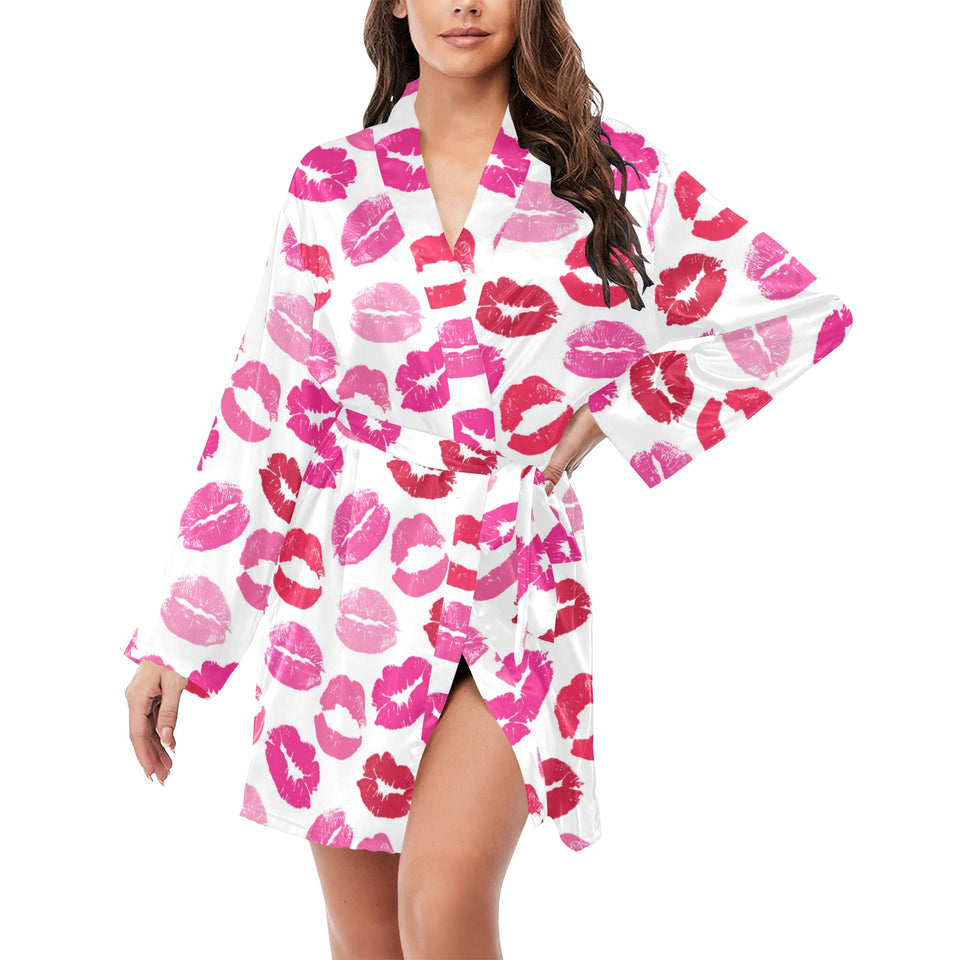 Lips Pattern Print Design 05 Women's Long Sleeve Belted Night Robe