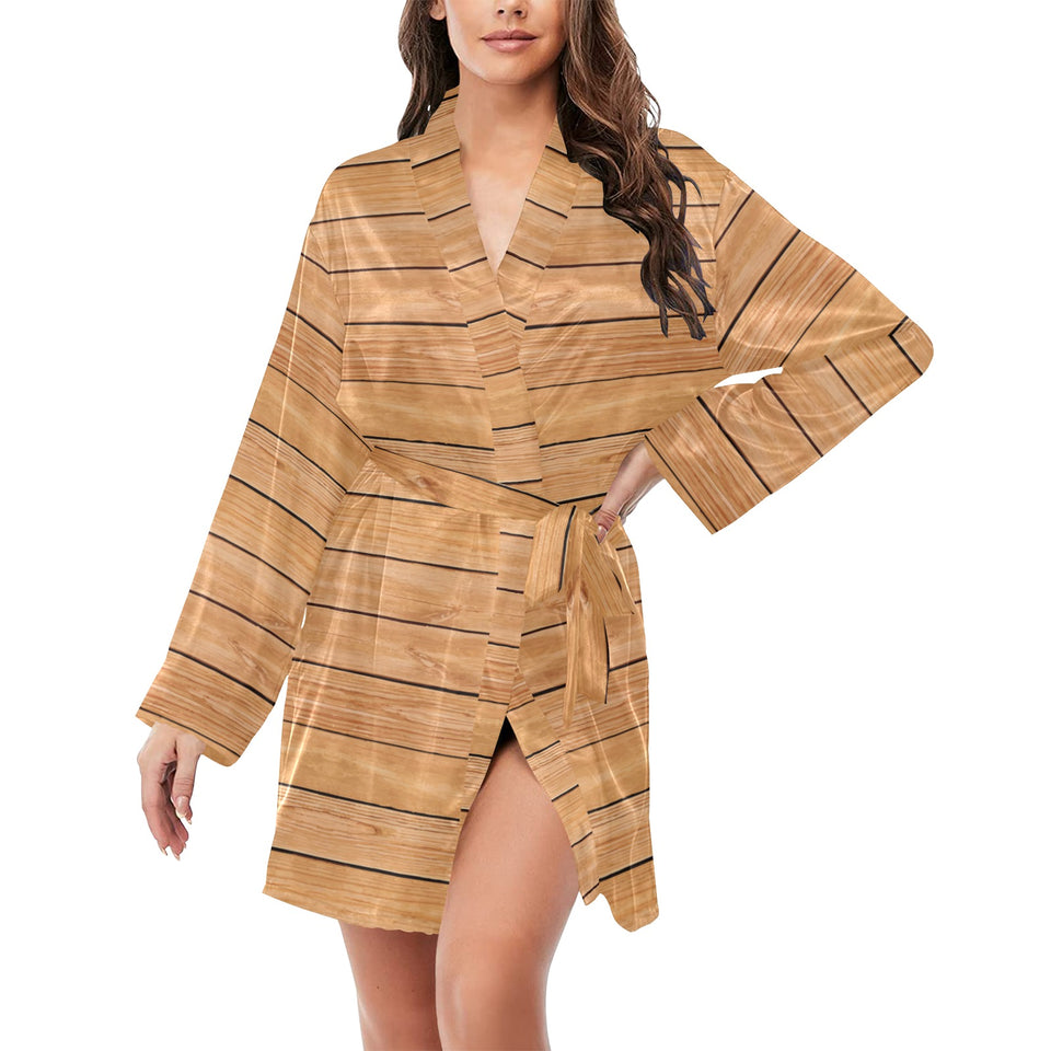 Wood Printed Pattern Print Design 04 Women's Long Sleeve Belted Night Robe