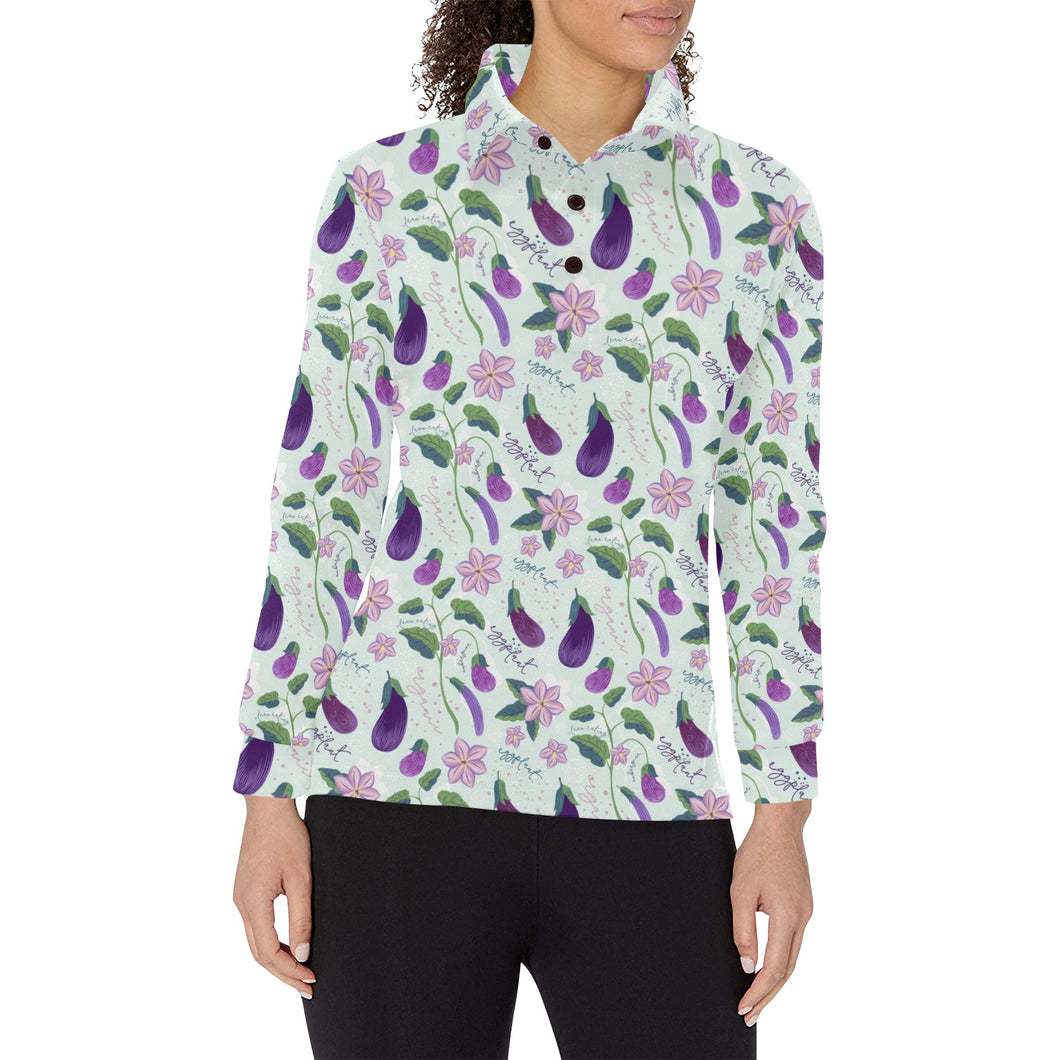 Eggplant Pattern Print Design 03 Women's Long Sleeve Polo Shirt