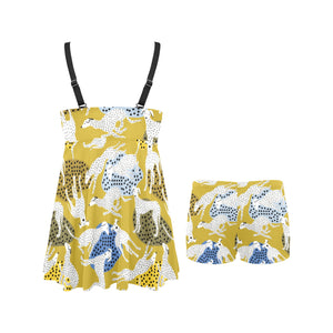 Greyhound Pattern Print Design 02 Chest Sexy Pleated Two Piece Swim Dress