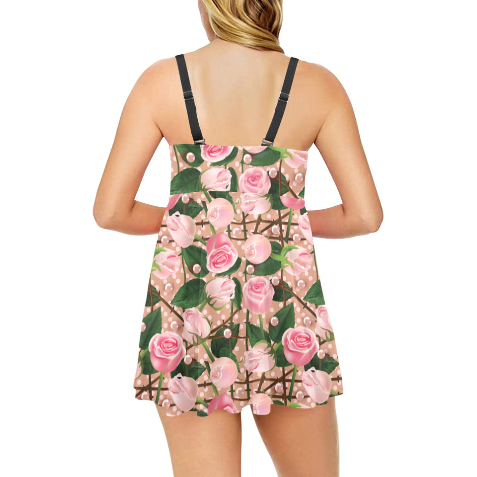 Rose Pattern Print Design 04 Chest Sexy Pleated Two Piece Swim Dress