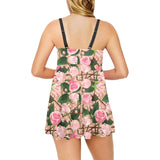 Rose Pattern Print Design 04 Chest Sexy Pleated Two Piece Swim Dress