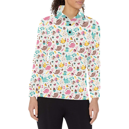 Tea pots Pattern Print Design 05 Women's Long Sleeve Polo Shirt