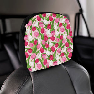 Pink White Tulip Pattern Car Headrest Cover