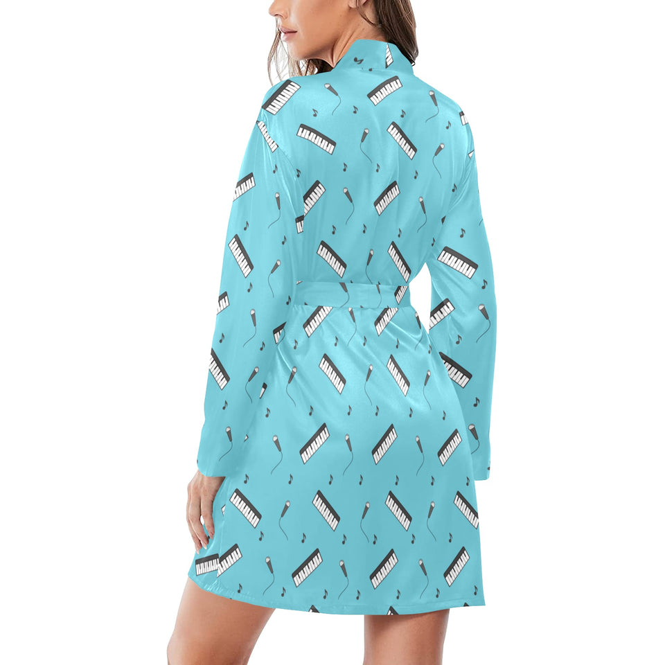 Piano Pattern Print Design 01 Women's Long Sleeve Belted Night Robe