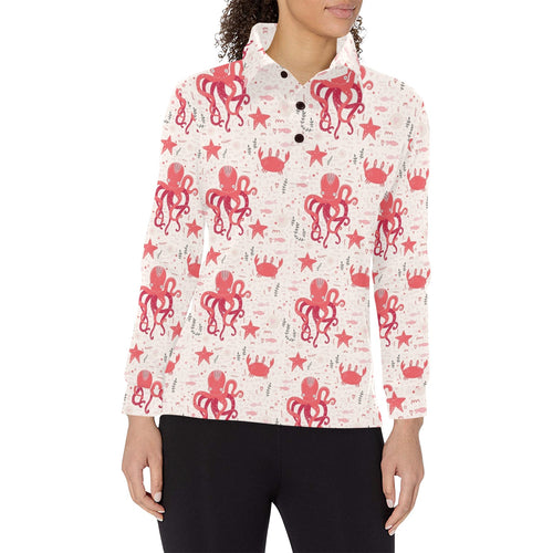 Octopus Crab Starfish Pattern Women's Long Sleeve Polo Shirt