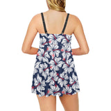 Hibiscus Pattern Print Design 02 Chest Sexy Pleated Two Piece Swim Dress