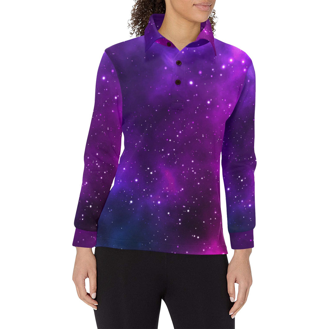 Pink Space Galaxy Pattern4 Women's Long Sleeve Polo Shirt