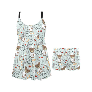 Teddy Bear Pattern Print Design 02 Chest Sexy Pleated Two Piece Swim Dress