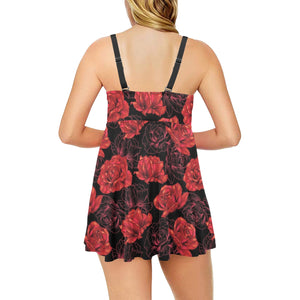 Rose Pattern Print Design 01 Chest Sexy Pleated Two Piece Swim Dress