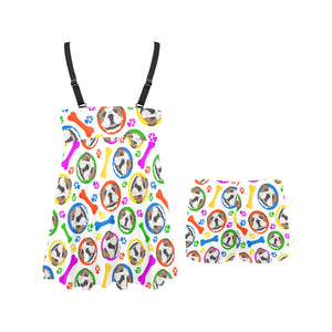 English Bulldog Pattern Print Design 05 Chest Sexy Pleated Two Piece Swim Dress