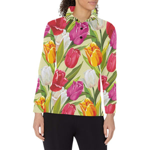 Colorful Tulip Pattern Women's Long Sleeve Polo Shirt