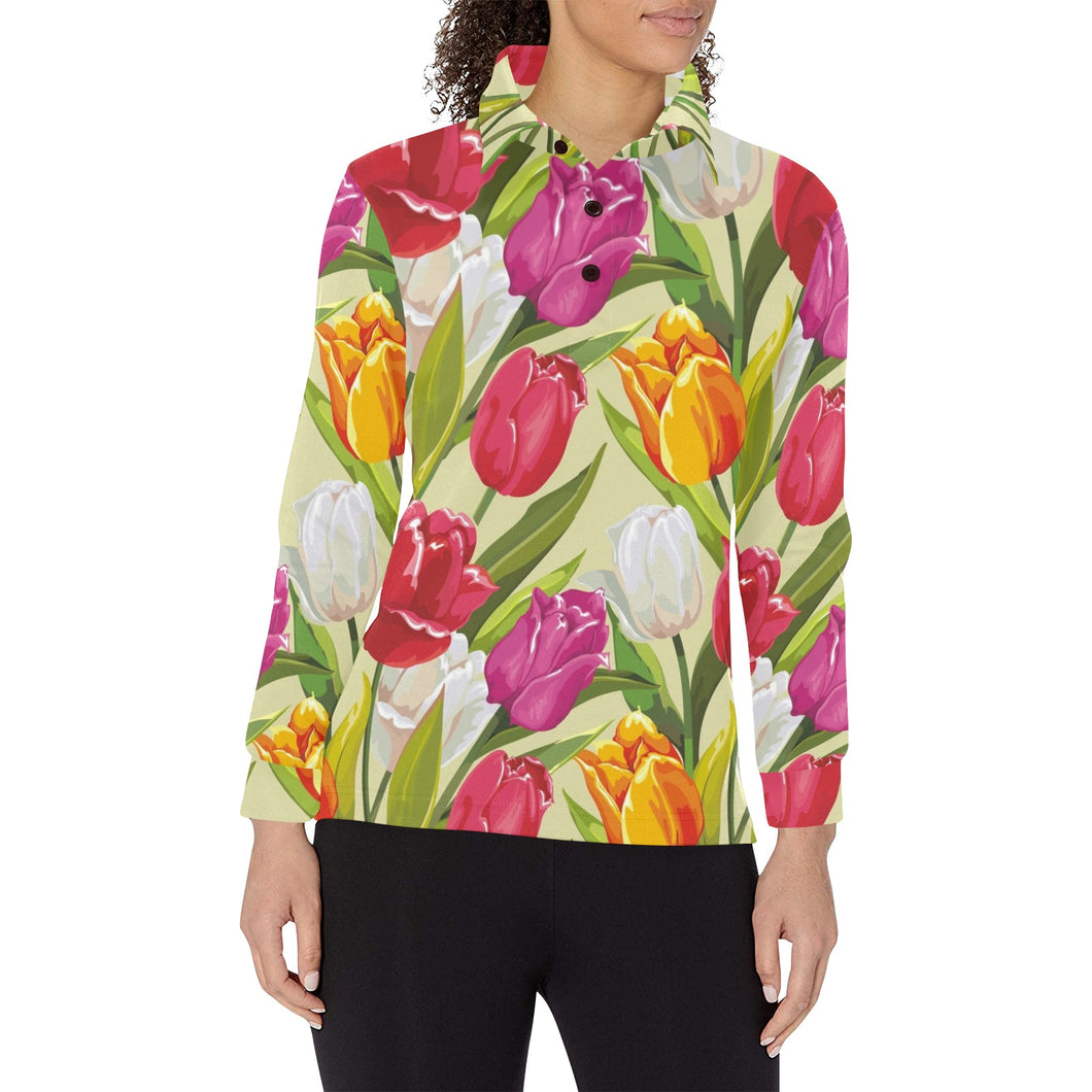 Colorful Tulip Pattern Women's Long Sleeve Polo Shirt