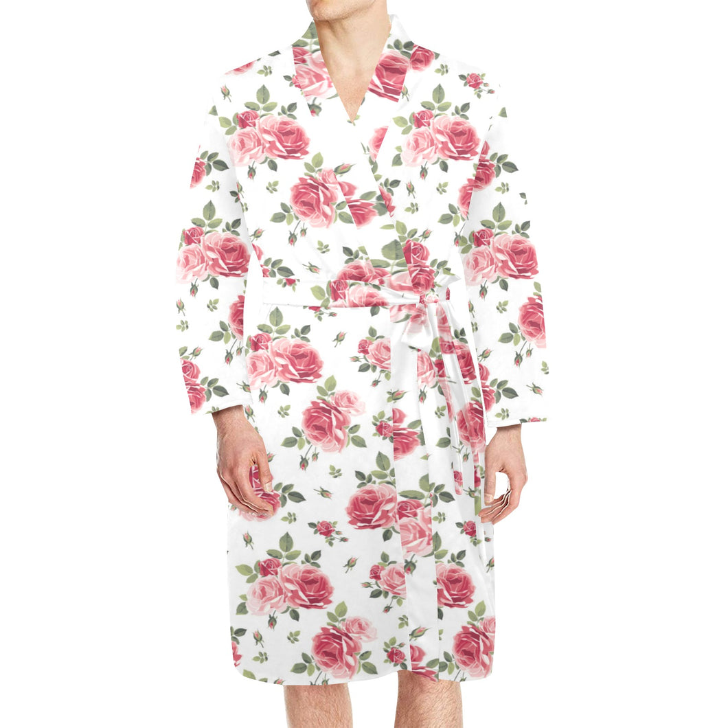 Rose Pattern Print Design 02 Men's Long Sleeve Belted Night Robe