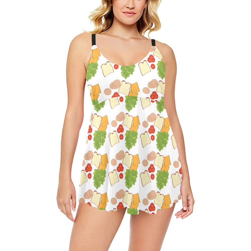 Sandwich Pattern Print Design 02 Chest Sexy Pleated Two Piece Swim Dress