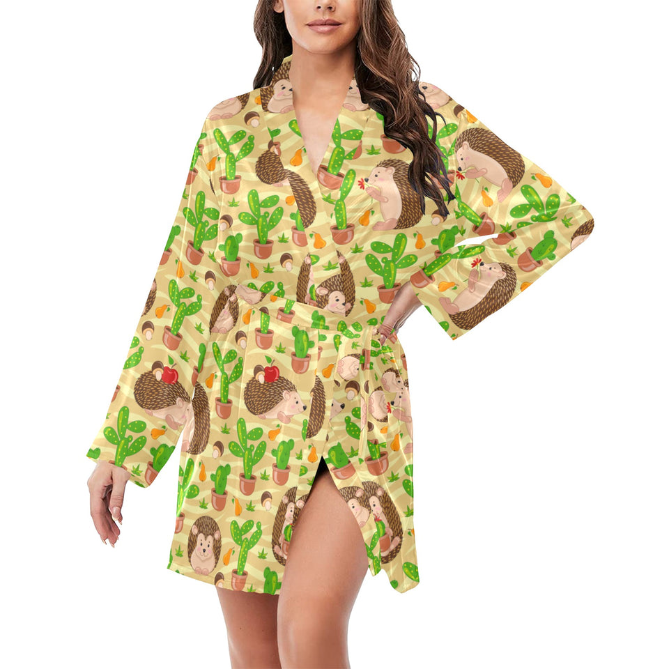 Hedgehog Pattern Print Design 02 Women's Long Sleeve Belted Night Robe