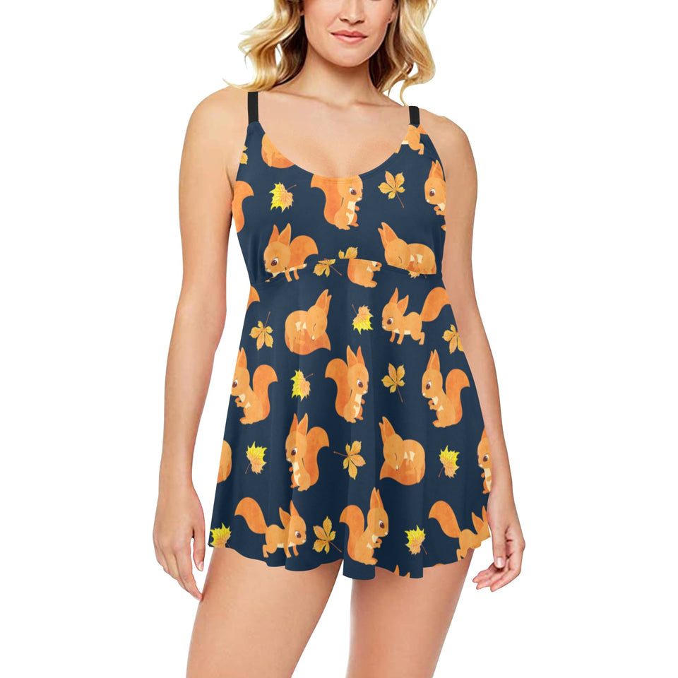 Squirrel Pattern Print Design 05 Chest Sexy Pleated Two Piece Swim Dress