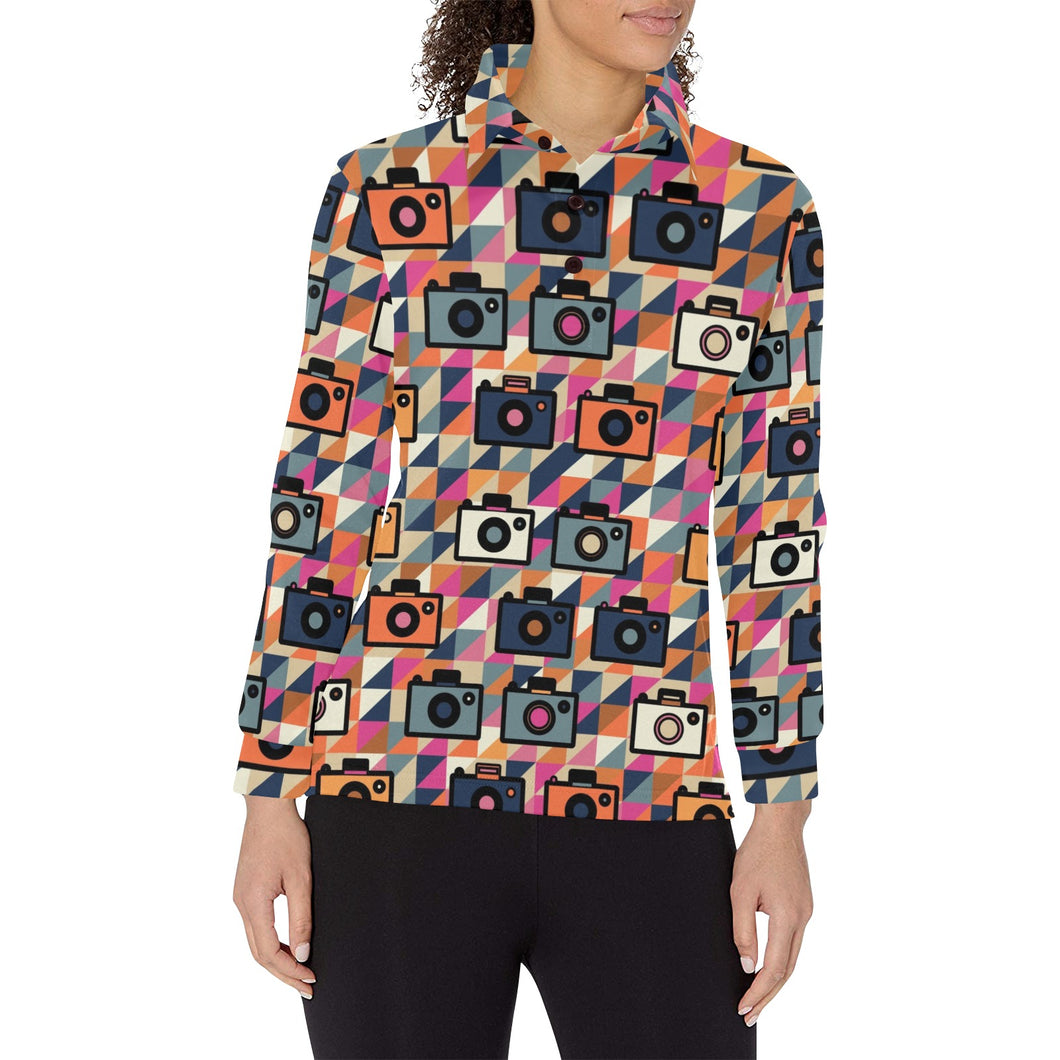 Camera Pattern Print Design 01 Women's Long Sleeve Polo Shirt