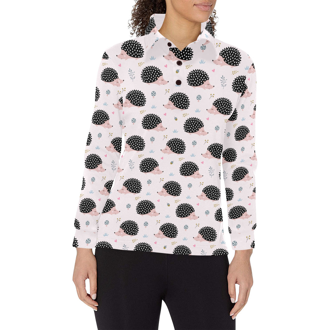 Hedgehog Pattern Print Design 04 Women's Long Sleeve Polo Shirt