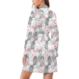 Hippopotamus Pattern Print Design 03 Women's Long Sleeve Belted Night Robe