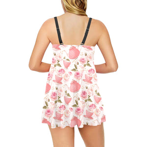 Tea pots Pattern Print Design 04 Chest Sexy Pleated Two Piece Swim Dress