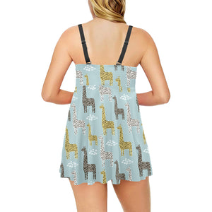 Giraffe Pattern Print Design 03 Chest Sexy Pleated Two Piece Swim Dress