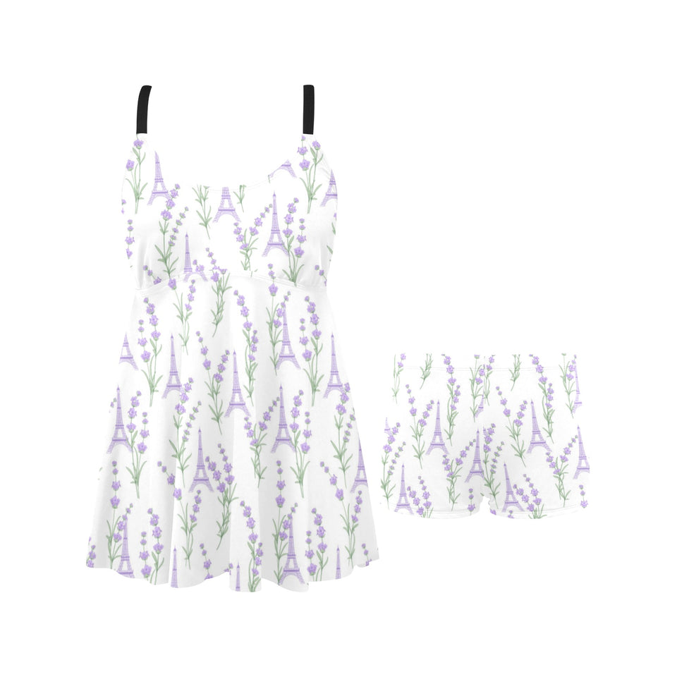 Eiffel Tower Lavender Pattern Print Design 01 Chest Sexy Pleated Two Piece Swim Dress