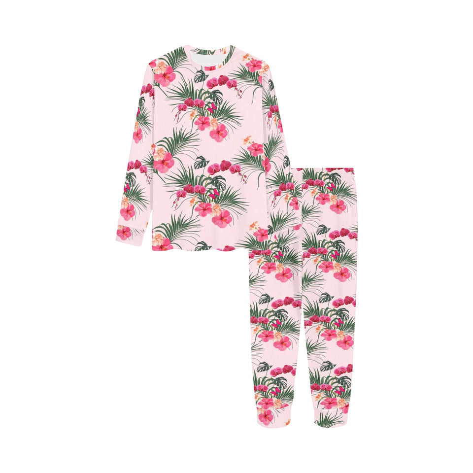 Red Pink Orchid Hibiscus Pattern Kids' Boys' Girls' All Over Print Pajama Set