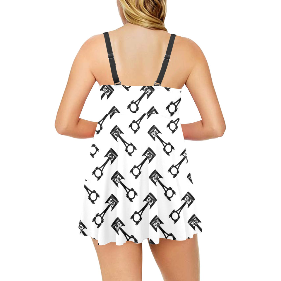 Engine Piston Theme Background Pattern Print Desig Chest Sexy Pleated Two Piece Swim Dress