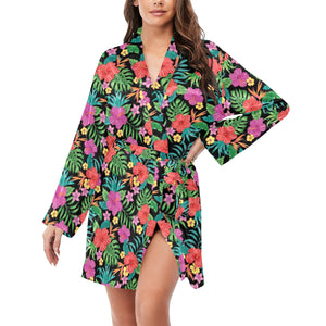 Hibiscus Pattern Print Design 01 Women's Long Sleeve Belted Night Robe