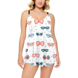 Sun Glasses Pattern Print Design 02 Chest Sexy Pleated Two Piece Swim Dress