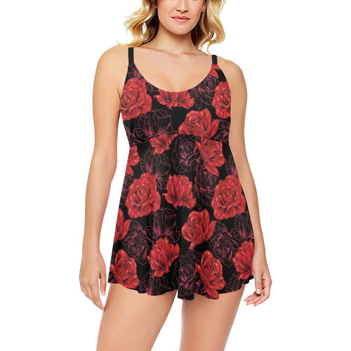 Rose Pattern Print Design 01 Chest Sexy Pleated Two Piece Swim Dress