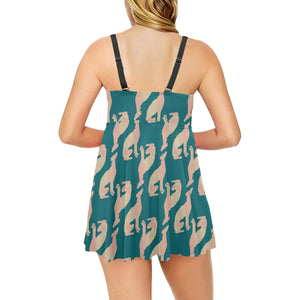 Greyhound Pattern Print Design 05 Chest Sexy Pleated Two Piece Swim Dress