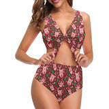 Pig Pattern Print Design 01 Chest Bowknot High Waisted Bikini Swimsuit