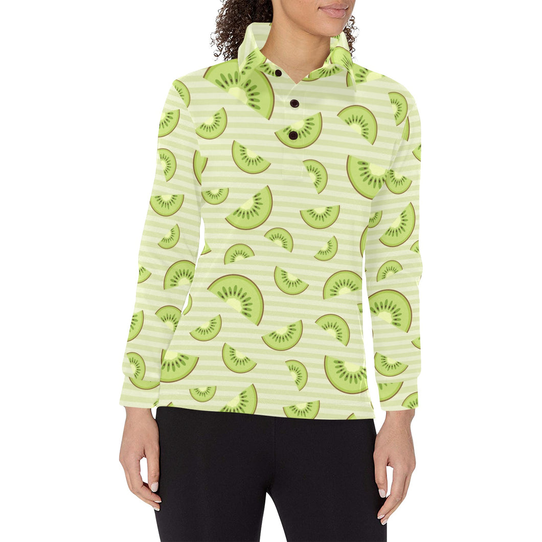 Kiwi Pattern Striped Background Women's Long Sleeve Polo Shirt