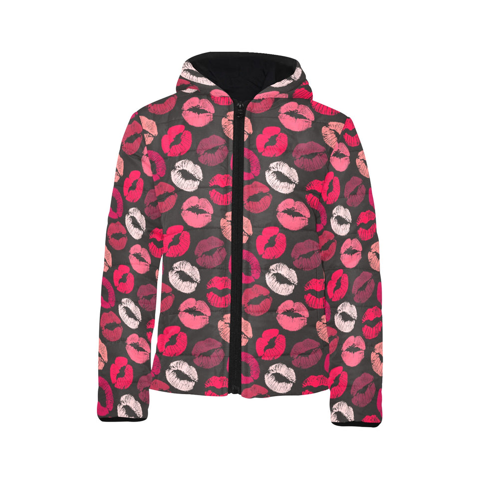 Lips Pattern Print Design 02 Kids' Boys' Girls' Padded Hooded Jacket