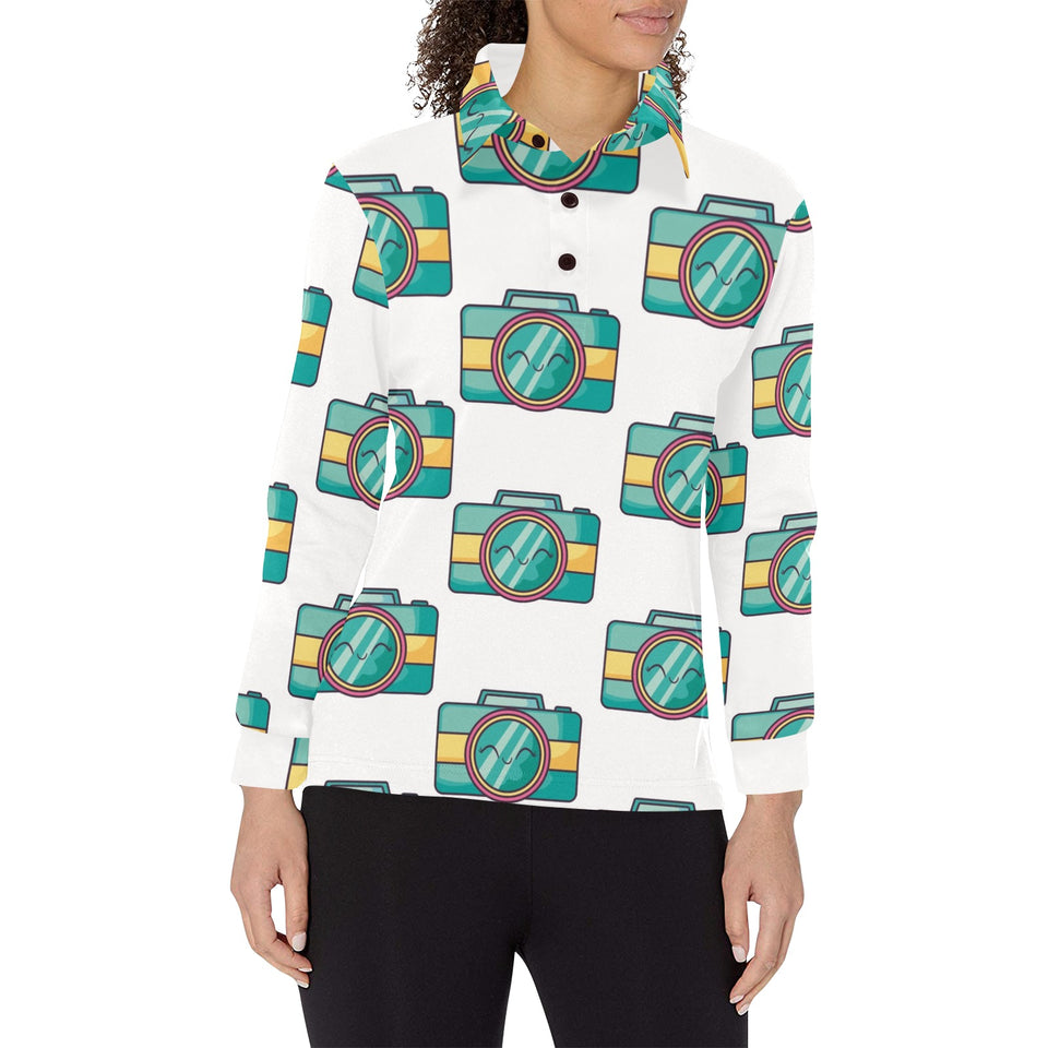 Camera Pattern Print Design 02 Women's Long Sleeve Polo Shirt